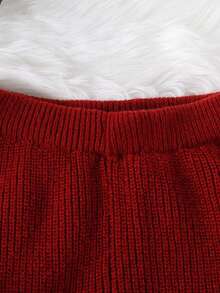 SHEIN 2 件套青少年女孩冬季针织服装，时尚休闲黑白条纹毛衣和针织裤套装 - 酒紅色 - 查看 6