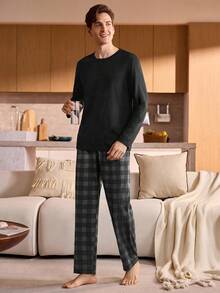 Manfinity Underwear&Sleepwear Basics 大码男士黑色格子长袖睡衣套装 - 黑色 - 查看 4