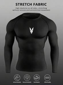 Gym Rark Men's Slim Fit Geometric Print Long Sleeve Athletic T-Shirt Spandex Shirts Men Compression Tops Compression Long Sleeve Men Compression Shirts Compression Top Compression Shirt Men - Black - View 6
