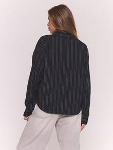 MUSERA 条纹长袖纽扣衬衫，适合度假、节日、休闲、优雅的托斯卡纳阳光海滩秋季、优雅假日、派对、春夏复活节等场合。 - 黑色 - 查看 4