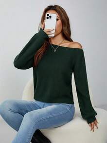 SHEIN PETITE 别致的橄榄绿色罗纹针织露肩长袖套头衫女士常规毛衣绿色毛衣深绿色上衣露肩长袖绿色长袖上衣露肩毛衣女士秋冬装 - 橄欖綠 - 查看 3