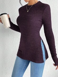 SHEIN Frenchy Solid Split Grain Fabric Round Neck Hem Ribbed Knit Tee,Fall,Fall Clothes For Women Winter Casual Spring - Violet Purple - View 4