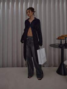 MUSERA Áo cardigan dáng rộng, cổ gập, khóa kéo, chất liệu len mềm mại, phong cách đường phố, dễ thương, thanh lịch, giản dị, gợi cảm, thích hợp đi chơi, dự tiệc, sang trọng. - màu đen - Xem 5