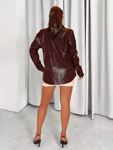 Zolique Chaqueta ajustada con bolsillo con solapa de estilo minimalista casual para mujer - Burdeos - Ver 2