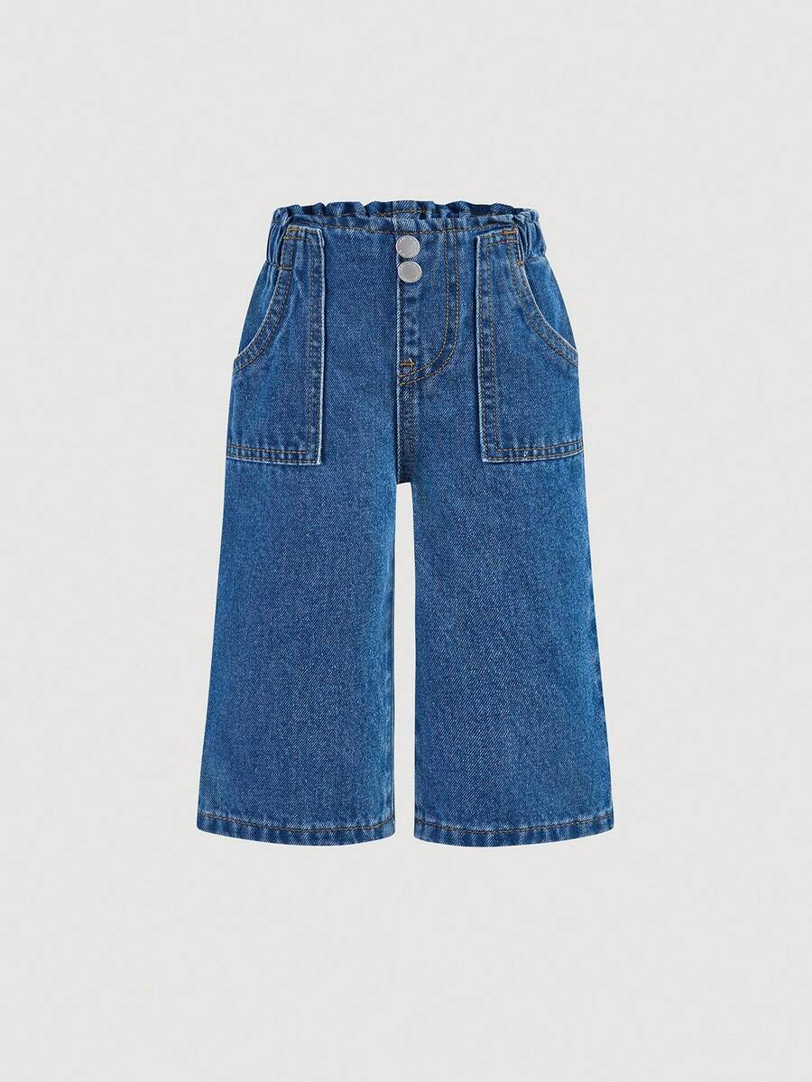 SHEIN Baby Girl Casual Versatile Washed Wide Leg Jeans - Medium Wash - View 1
