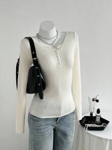 Elamini Áo len gân tay dài ôm sát màu trơn cho nữ, mùa thu - Màu be - Xem 3