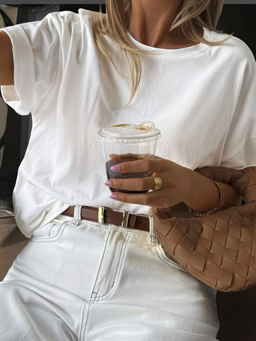 DAZY Atasan Wanita Musim Panas Kasual Longgar Warna Polos Model Bahu Jatuh Gaya Preppy - Putih - View 1