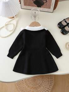 SHEIN Playful Pals Baby Girls Knitted Turtleneck Long Sleeve Sweater Dress, Versatile Black & Beige Color, Elegant Ruffled Hem & Bow Decor, Suitable For Autumn/Winter, Casual, Homewear, Outdoor, School, Travel Black And White Baby Dress Baby Girl Black Dress Black Dress White Collar Baby Baby Girl Black Knit Dress Toddler Black And White Dress Fall