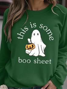 EMERY ROSE Áo nỉ cổ tròn dáng rộng in hình ma Halloween cỡ lớn dành cho nữ - Màu xanh lá cây đậm - Xem 4