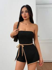 SHEIN PETITE 休闲商务撞色边无袖连衣连衣裙 - 黑色 - 查看 5