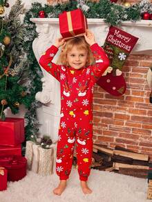 Macacão de manga comprida com capuz e estampa gráfica de Natal minimalista vermelho para menino