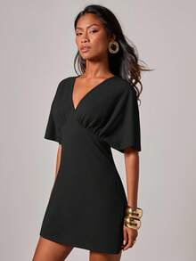 COSMINA Women's Solid Color V-Neck Batwing Short Sleeve Fashionable Mini Dress - Black - View 7