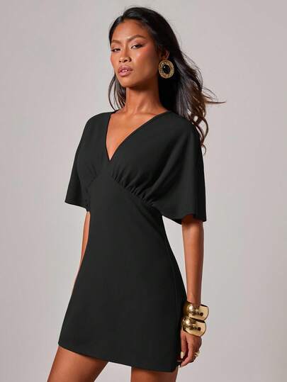 COSMINA Women's Solid Color V-Neck Batwing Short Sleeve Fashionable Mini Dress