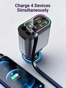 JMMO 66W Car Charger With Starry Sky Projector Lamp, Retractable Cable Fast Charge Metal Car Charger, 4-In-1 USB PD Car Accessories - Grey - View 5