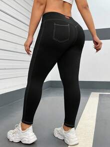 SHEIN EZwear 大码女式高腰休闲日常紧身裤 - 黑色 - 查看 1