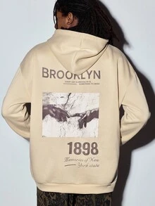 Modcrash 男士布鲁克林主题印花口袋连帽衫，适合秋冬春夏季街头风格 - 杏色 - 查看 1