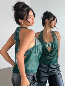 Aloruh Semi-Sheer Plunging Neck Tie-Dye Teal Print Metal Decor Backless Camisole,Dark Green,Summer,Techno,Club Night,Rave,Elegant Party Vacation - White - View 7