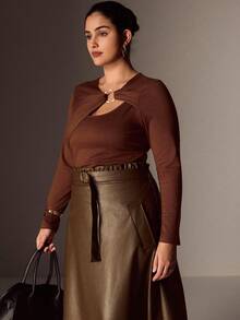 EMERY ROSE Váy nữ cỡ lớn thanh lịch, váy da bóng cổ điển thường ngày, thích hợp để đi làm, trang phục nữ thanh lịch, tiệc trà chiều, váy dự tiệc, phong cách Maillard, cổ điển, trang phục hòa nhạc, toàn màu trắng, trang phục đại học, thu/đông - màu nâu - Xem 5
