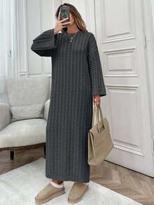 Women Cable Knitting Maxi Sweater Dress - Dark Grey - View 6