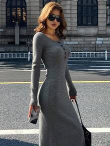 Livesso Women's Slim Fit Business Casual Solid Color Half-Placket Pullover Sweater Dress, Suitable For Office Wear In Autumn And Winter - Grey - View 1