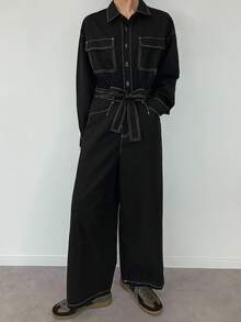FRIFUL Women's Contrast Stitching Denim Bib Pants And Jumpsuit - Black - View 3