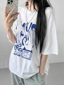 DAZY Áo phông phong cách đường phố cỡ lớn dành cho nữ có họa tiết in đậm thời trang đường phố mùa hè - trắng - Xem 3