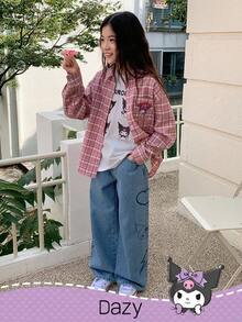 DAZY HELLO KITTY AND FRIENDS | SHEIN Tween 女童休闲心形和卡通图案斜口袋牛仔裤 - 藍色 - 查看 3