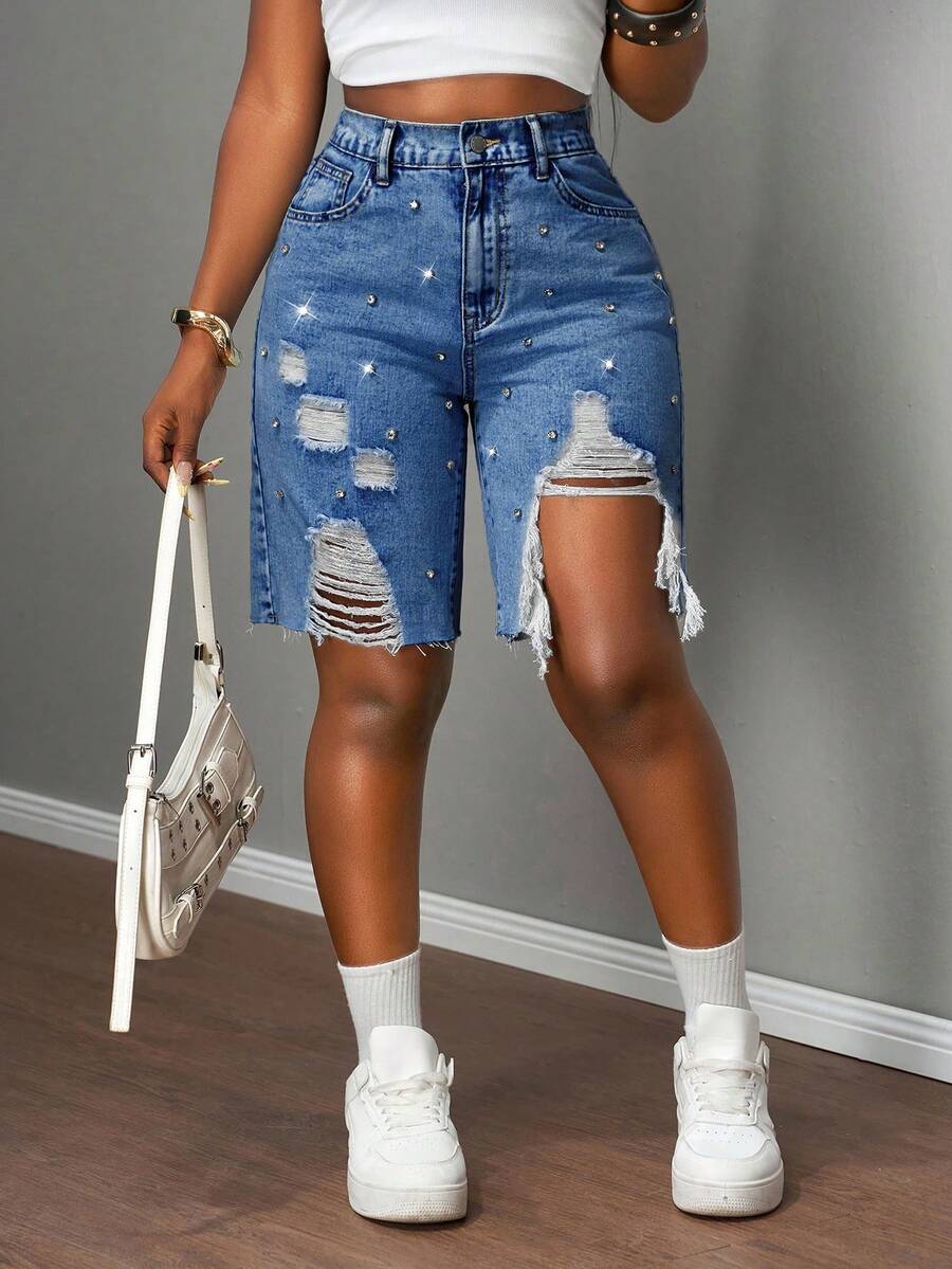 Slaydiva Quần short denim nữ cạp thấp, rộng rãi, rách 5 điểm, họa tiết kim cương Bermuda / Quần short denim xanh nhạt / Quần áo nữ mùa thu / Trở lại trường / Quần áo đồng quê nữ / Quần áo hòa nhạc đồng quê / Quần áo nữ cổ điển / Quần áo đi chơi / Quần áo sân bay nữ / Trang phục đường phố nữ / Quần áo nữ phong cách Y2K - Rửa trung bình - Xem 1
