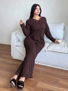 Dazy Plus Bộ đồ ngủ nữ cỡ lớn, chất liệu ren tương phản co giãn, thời trang và thanh lịch, trang phục thu đông - màu nâu - Xem 5