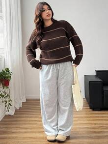 Dazy Plus Suéter solto listrado com blocos de cores contrastantes, tamanho grande feminino, outono/inverno - Castanho - Ver 4