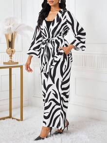 SHEIN Lady 女士时尚休闲斑马纹上衣和裤子两件套 - 黑與白 - 查看 4