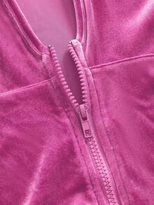 ROMWE Grunge Punk Y2K Velvet Cropped Hoodie And Low-Rise Flare Pants 2 Pieces Set For Women - Baby Pink - View 8
