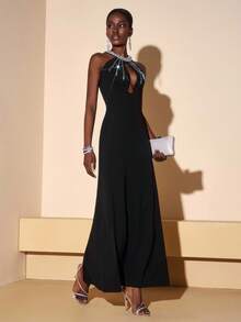 Zivah 秋冬新款优雅派对奢华高贵日常约会生日派对性感高端派对夜店风婚礼季宾客礼服音乐节狂欢季婚礼宾客礼服新娘礼服圆领钻链装饰丝带胸前镂空包臀连衣裙H型裙超长连衣裙晚礼服黑色钻链装饰长裙女士长裙-A - 黑色 - 查看 6