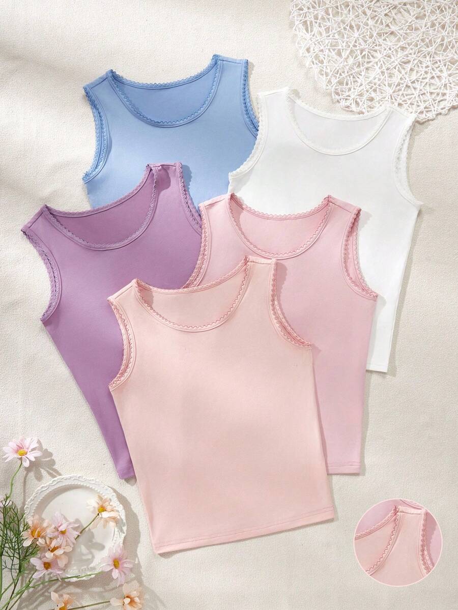 5pcs/Pack Girl's Underwear, Multi-Pack, Preteen Girls' Stylish Collar Thin Comfortable Knitted Undershirts Backto SchoolFashion Fall Winter