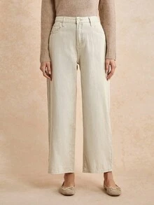 Écloséra 女士前扣口袋休闲牛仔裤，日常穿着 - 卡其色 - 查看 4