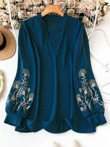 Áo cánh rộng cổ chữ V bằng vải voan trơn màu đơn giản dành cho nữ, cỡ lớn, mùa xuân/thu - Màu xanh lam - Xem 1