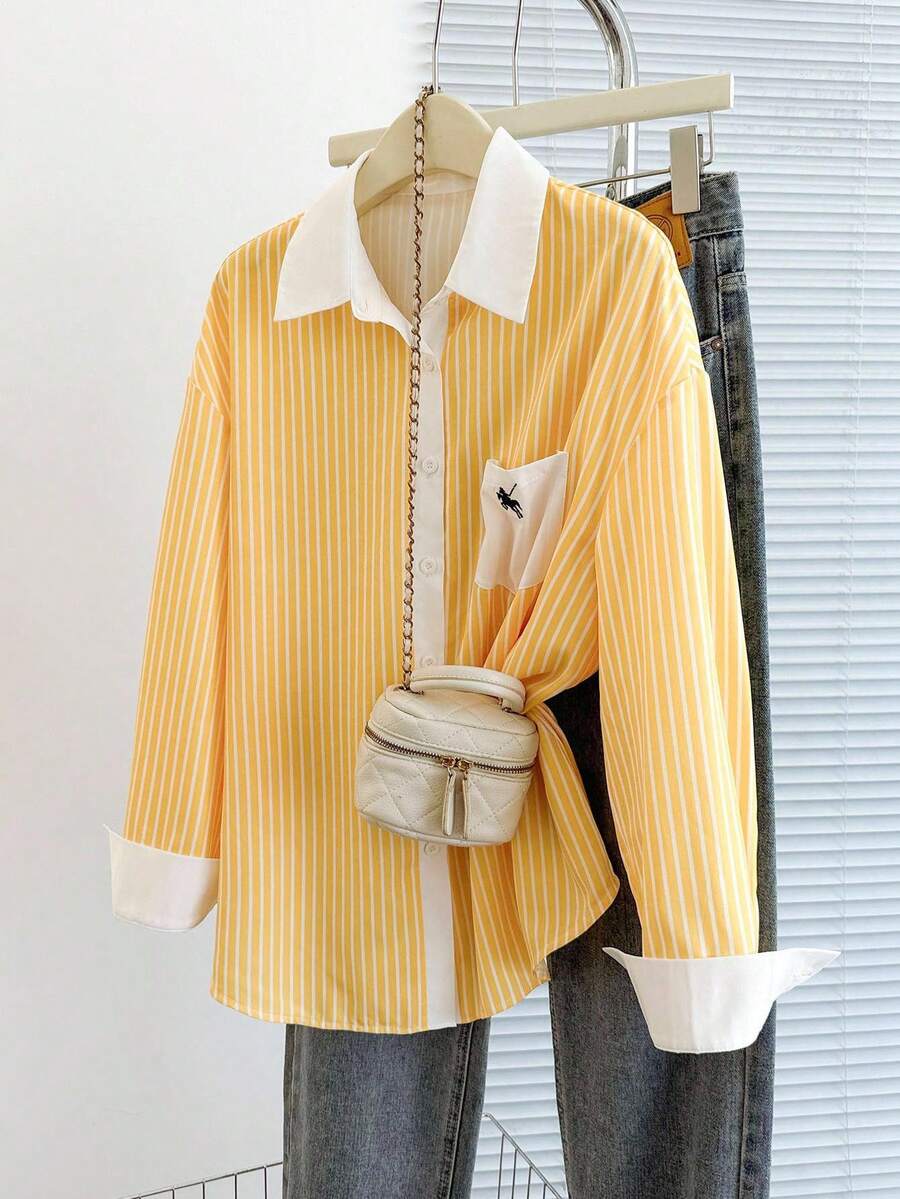 SHEIN LUNE Back-To-School Yellow Striped Shirt,Autumn Casual School Top ...