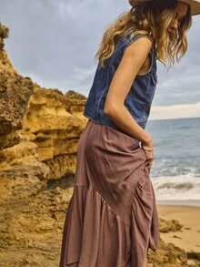 Aralina 秋冬西部波西米亚风纹理不对称拼接下摆长裙乡村音乐会 - 棕色 - 查看 5