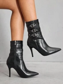 CUCCOO SZL 女士尖头细高跟扣性感优雅时尚中筒靴 - 黑色 - 查看 1