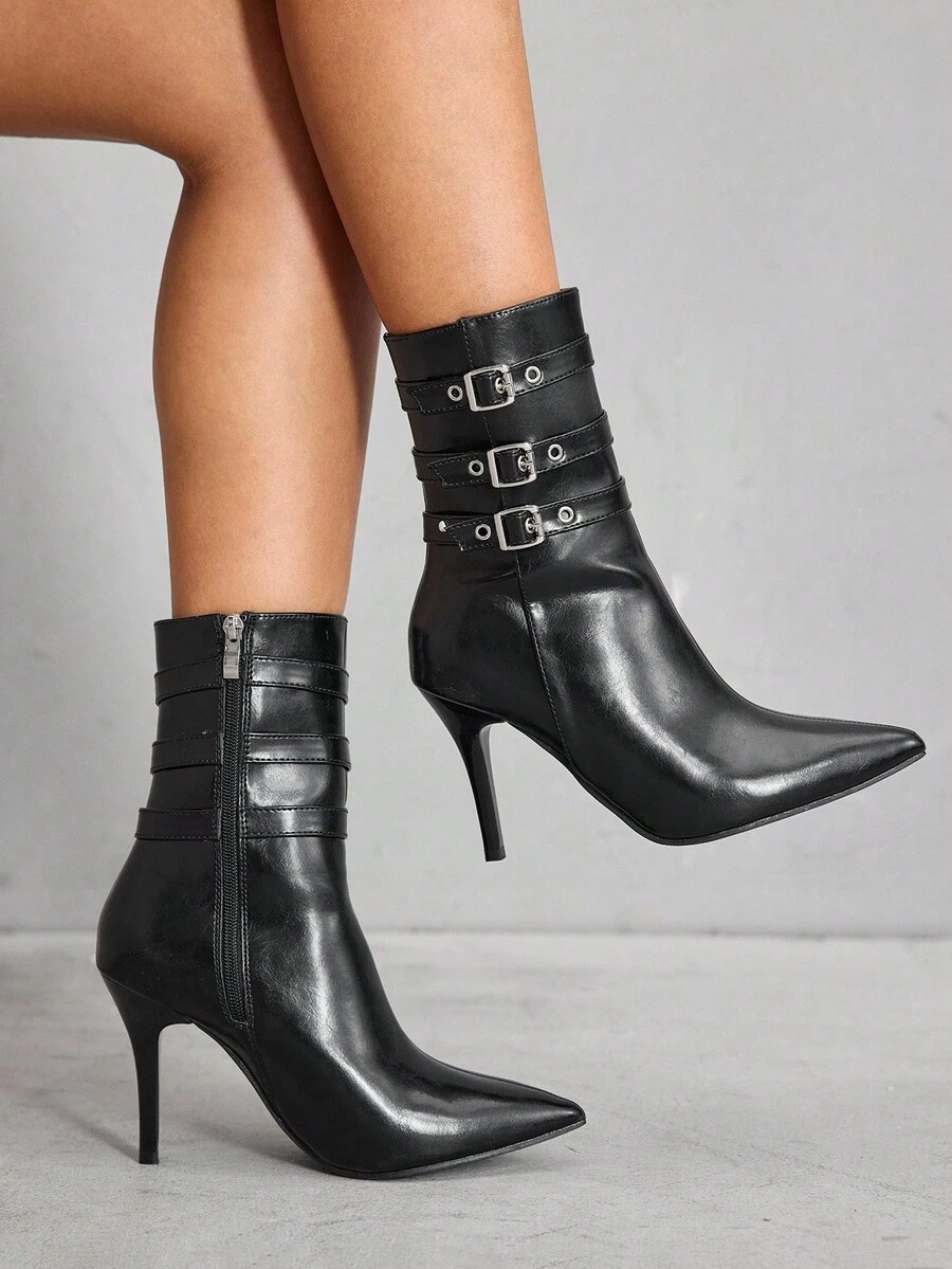 CUCCOO SZL 女士尖头细高跟扣性感优雅时尚中筒靴 - 黑色 - 查看 1