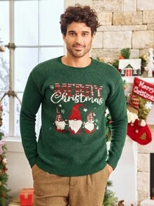 Manfinity VCAY 男士圣诞元素图案针织毛衣，略宽松套头衫，适合秋冬季节，尽显新年魅力 - 綠色 - 查看 2