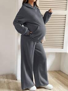SHEIN 2 件套孕妇纯色落肩长袖连帽运动衫和可调节腰部运动裤，秋冬休闲装 - 深灰色 - 查看 5