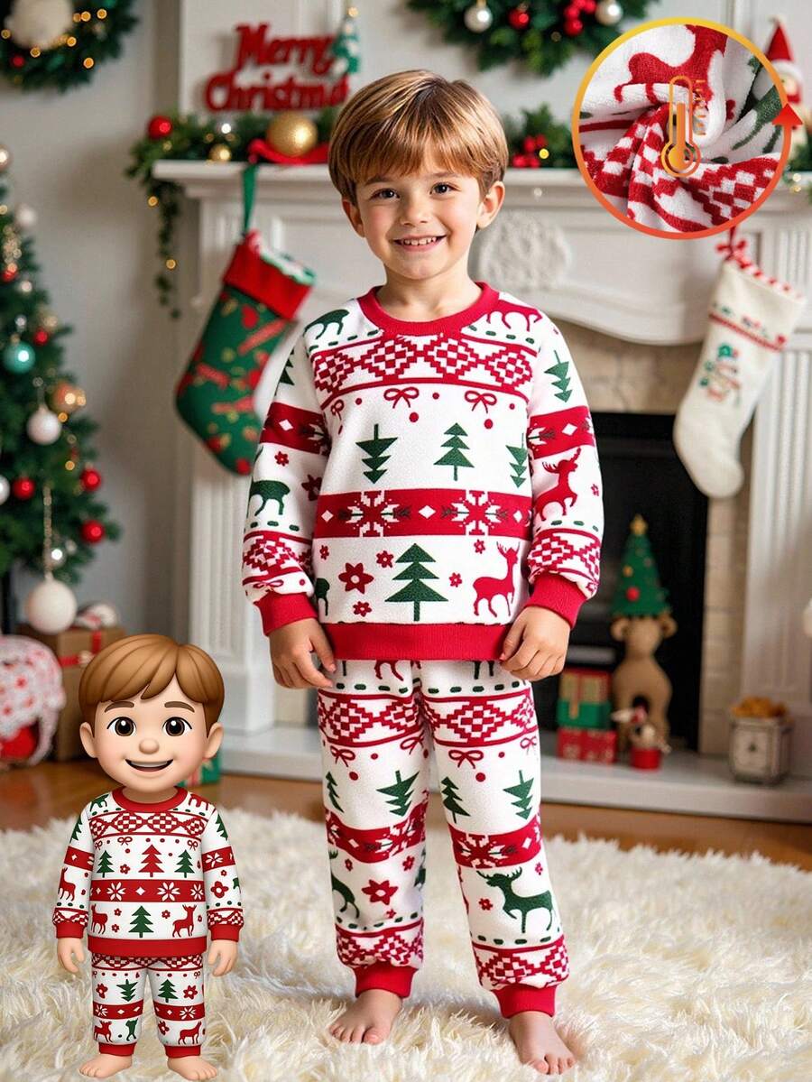 2 pièces Ensemble de pyjama à col ras-du-cou à manches longues en polaire avec renne de Noël pour garçons, cadeau de fête - Rouge - Voir 1