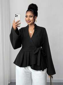 Maweii Plus Size Elegant V-Neck Crossed Bowknot Ruffle Hem Long Sleeve Casual Outerwear For Autumn/Winter - Black - View 3