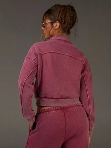 Athîral Women's Vintage Wash Magenta Ribbed Knit Jacket | Distressed Zip-Front Coat With Utility Stitching For Sporty Utility Style (Commute/Lounge/Street)Wardrobe Basic,Casual Everyday Wear,Autumn Outfits For Women,Women's Winter Jacket,Autumn/Winter,Cozy Fall And Winter Clothes For Women - Red - View 2