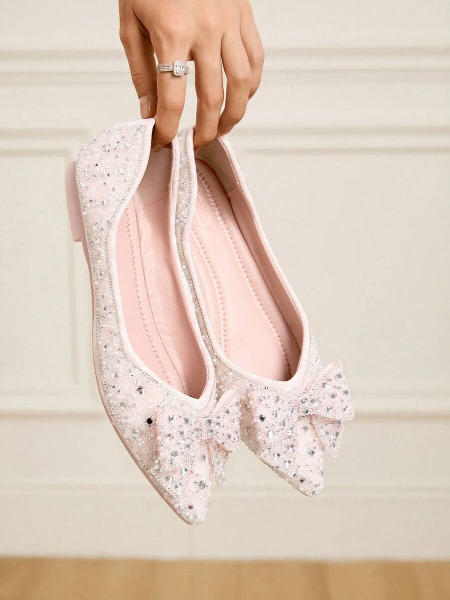 CUCCOO HITCHD 全新水钻蝴蝶结尖头平底鞋,优雅时尚舒适百搭别致黑色鞋 - 粉色 - 查看 1