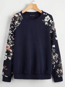 Rusticease Áo len tay raglan họa tiết hoa, áo dài tay mùa thu/đông, phong cách thường ngày. - Màu xanh hải quân - Xem 5