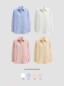 Ontre 2025新款女士波浪荷叶边下摆宽松优雅长袖衬衫，春季百搭优雅日常穿着，圣诞节、秋冬新年皆宜 - 白色 - 查看 10