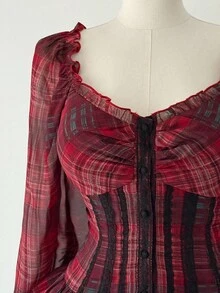 Sunspun Camisa de mujer de manga larga con volantes y decoración a cuadros, talla grande y casual - Multicolor - Ver 3