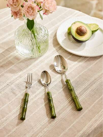 Cirelle Juego de cubiertos de acero inoxidable con diseño de bambú de cerámica verde, cuchillo, tenedor y cuchara de alta gama, lujosos, elegantes, duraderos, resistentes a la oxidación, fáciles de limpiar, modernos, únicos, exquisitos, premium, elegantes, funcionales para uso diario en la mesa, reuniones y regalos. Incluye tenedor de fruta, tenedores de cerámica plateada, cucharas y tenedores de cocina de plata, tenedor largo, utensilios de tenedor, juego de tenedor y cuchara, tenedor de carne, juego de cucharas y tenedores, tenedores, tenedor, tenedores de acero inoxidable, tenedores de fruta